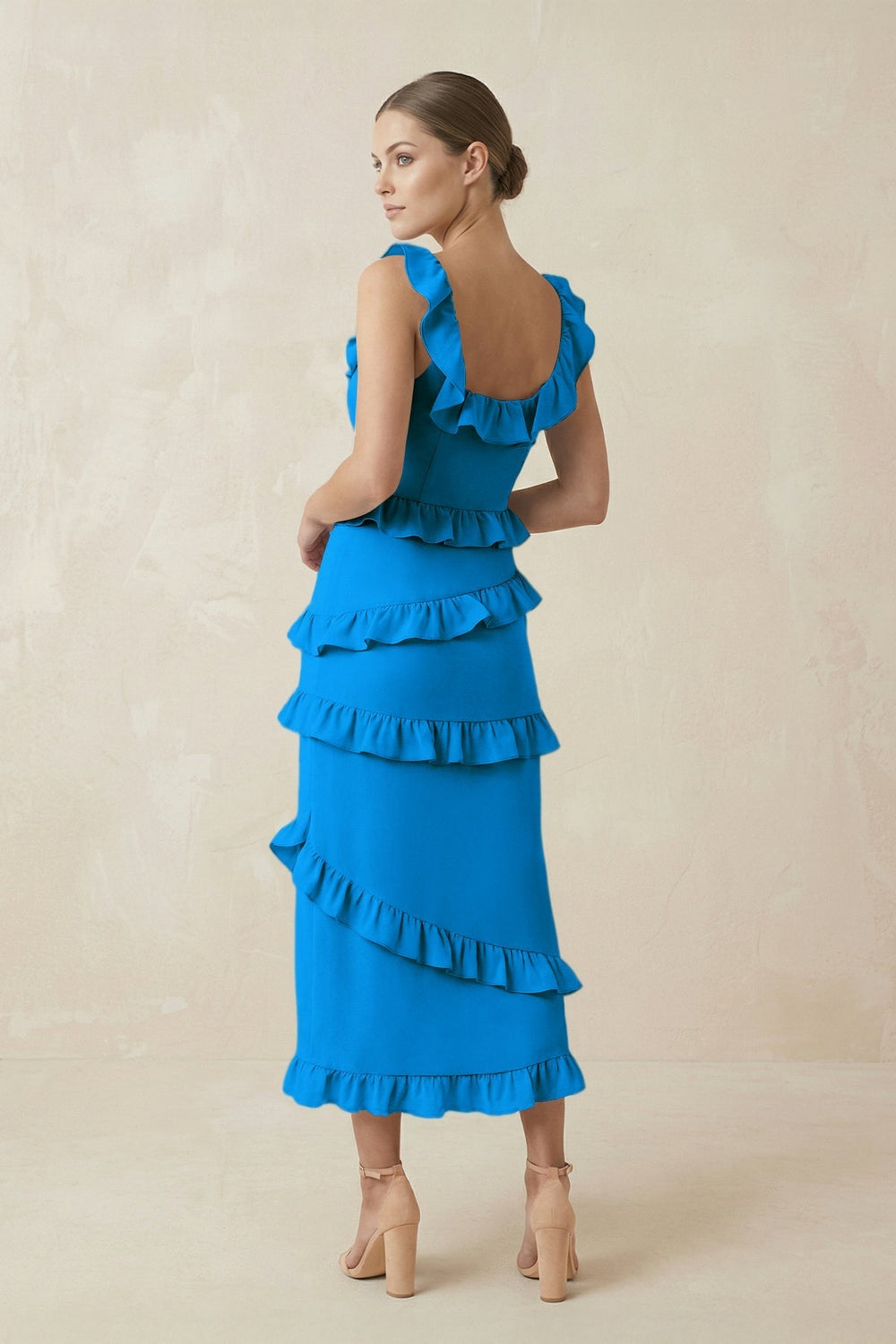Square Neck Ruffled Sheath Satin Midi Bridesmaid Dress in Blue Jay