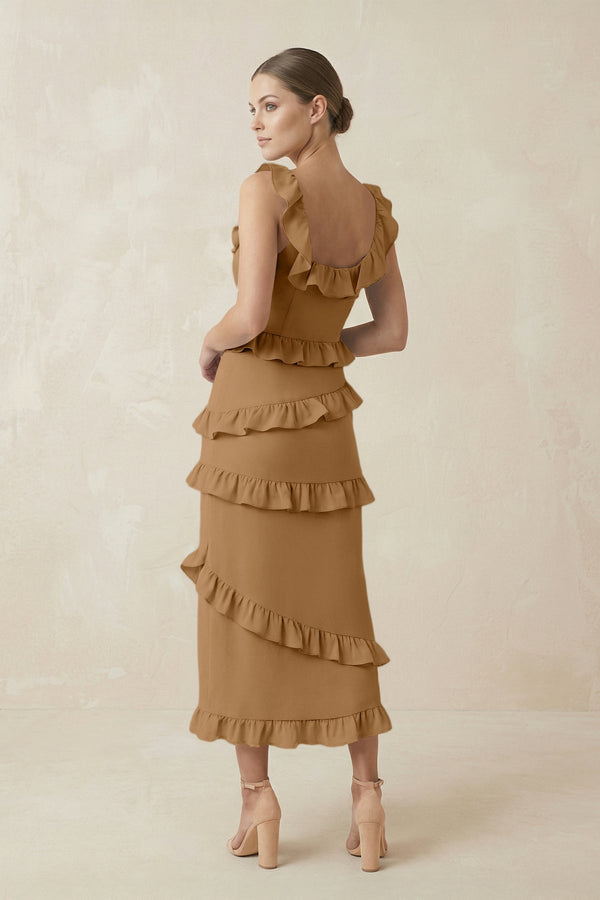 Square Neck Ruffled Sheath Satin Midi Bridesmaid Dress in Bronzer - KISS BRIDAL Bridesmaid Dresses