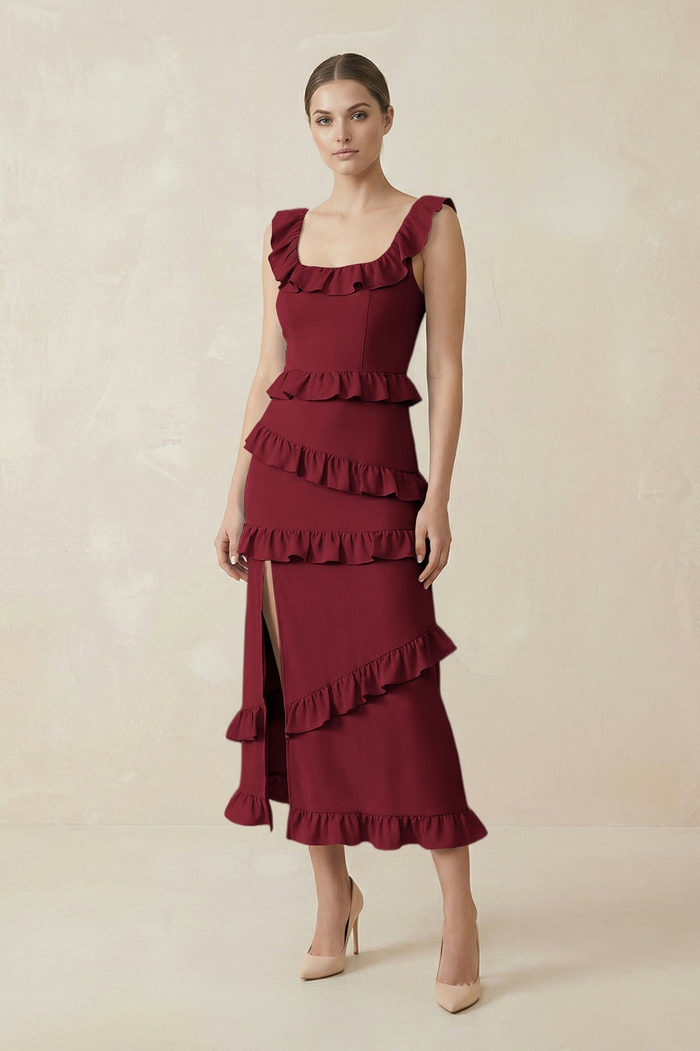Square Neck Ruffled Sheath Satin Midi Bridesmaid Dress in Burgundy
