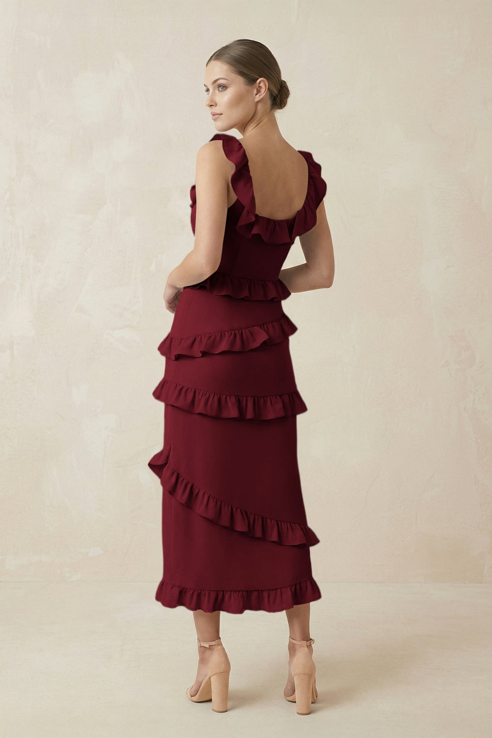 Square Neck Ruffled Sheath Satin Midi Bridesmaid Dress in Burgundy