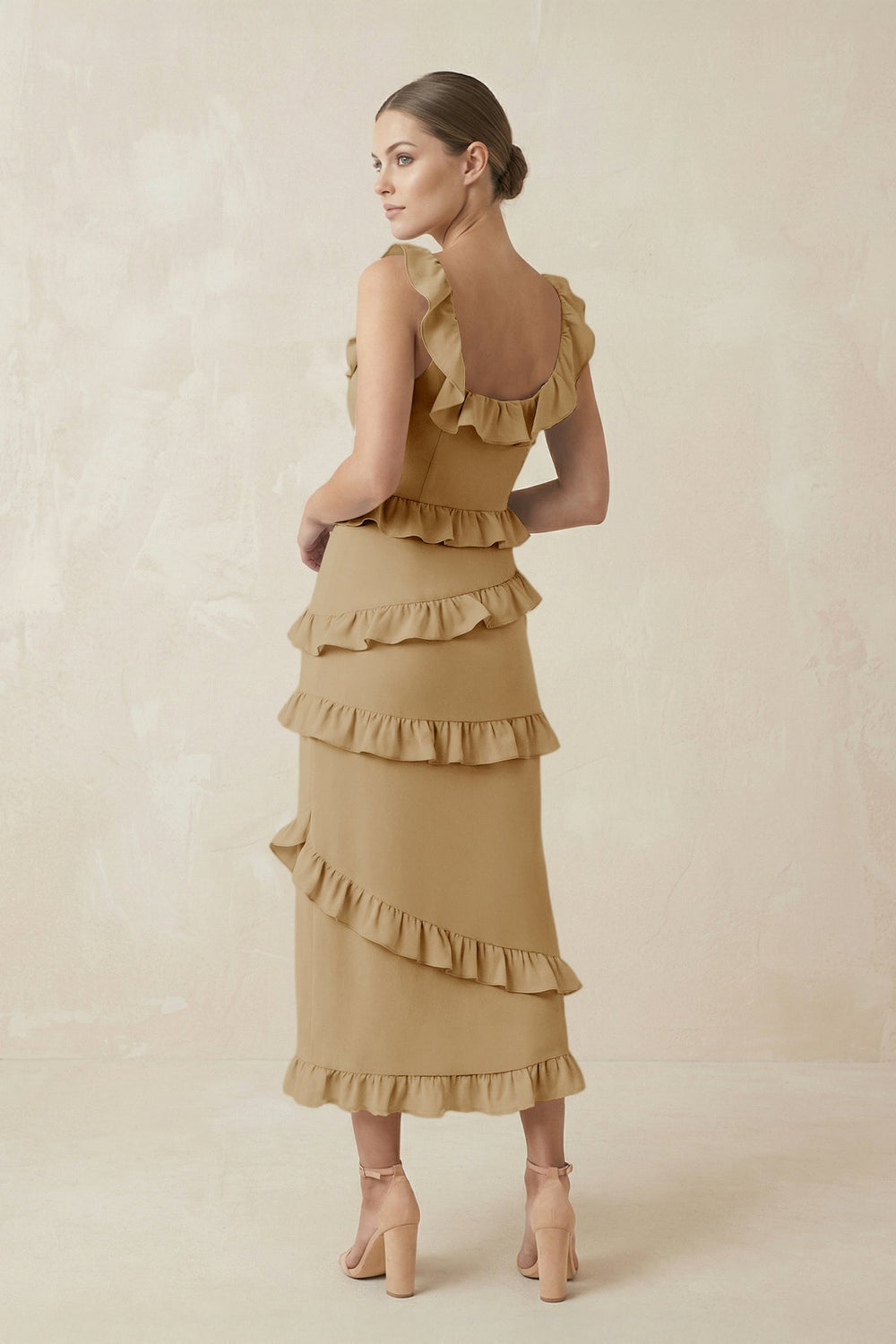 Square Neck Ruffled Sheath Satin Midi Bridesmaid Dress in Champagne