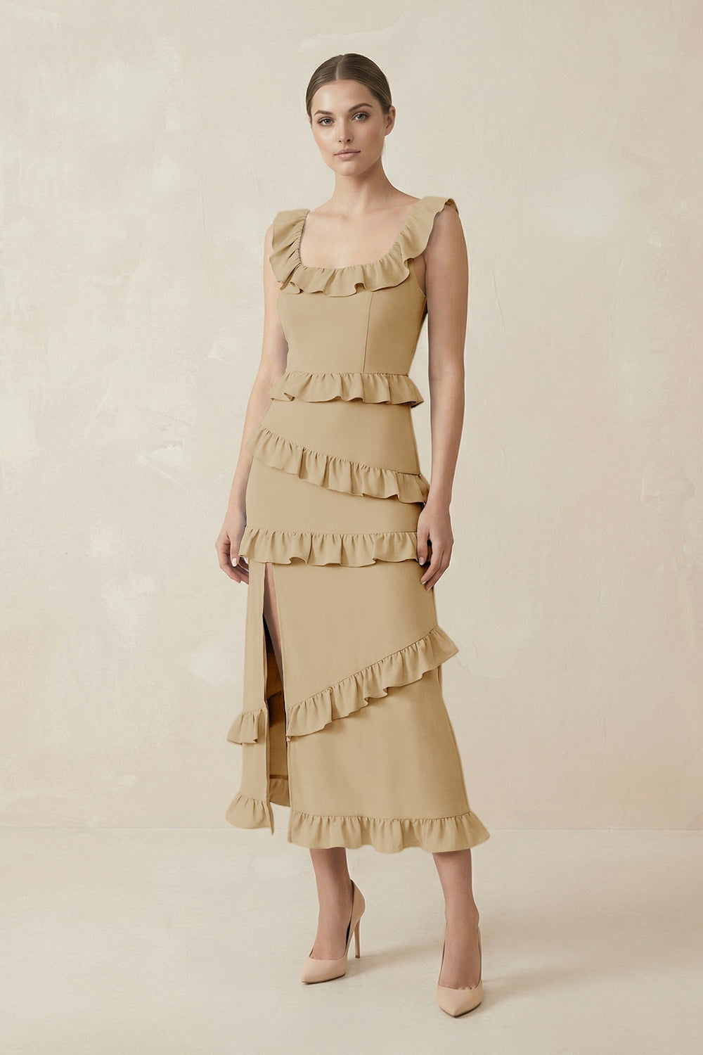 Square Neck Ruffled Sheath Satin Midi Bridesmaid Dress in Champagne