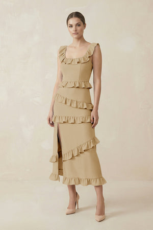 Square Neck Ruffled Sheath Satin Midi Bridesmaid Dress in Champagne - KISS BRIDAL Bridesmaid Dresses