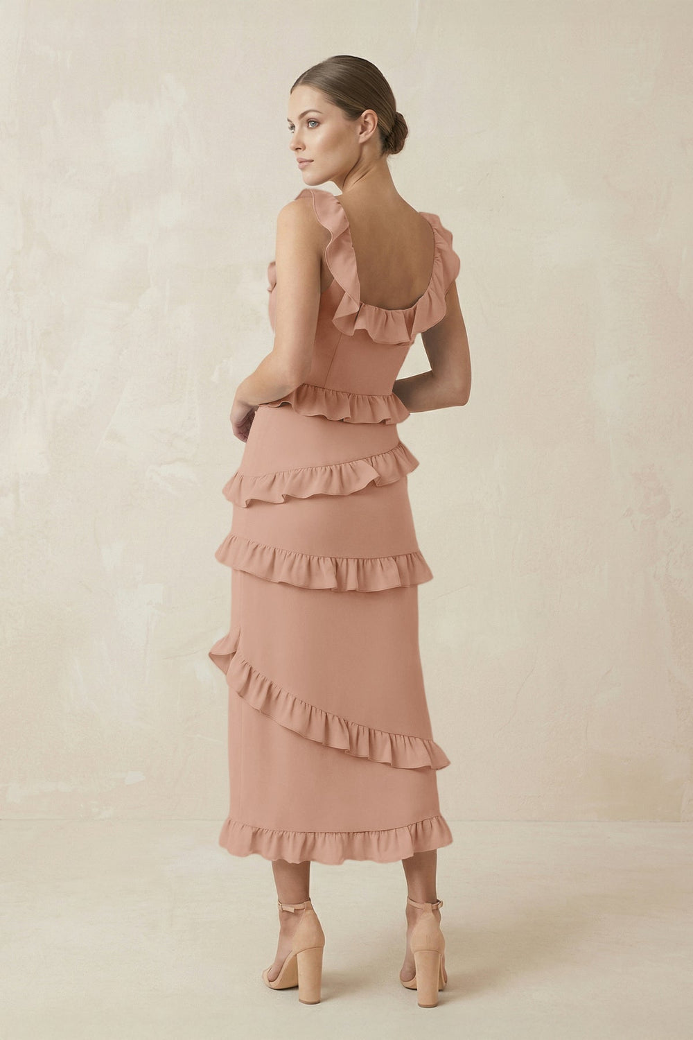 Square Neck Ruffled Sheath Satin Midi Bridesmaid Dress in Champagne Rose