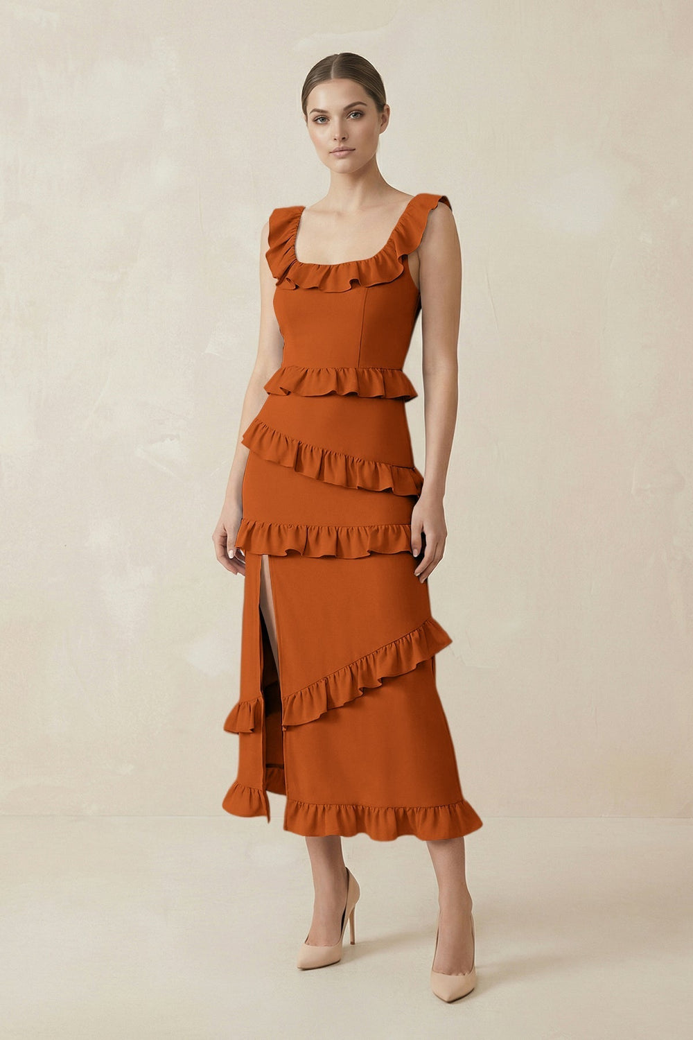 Square Neck Ruffled Sheath Satin Midi Bridesmaid Dress in Cinnamon