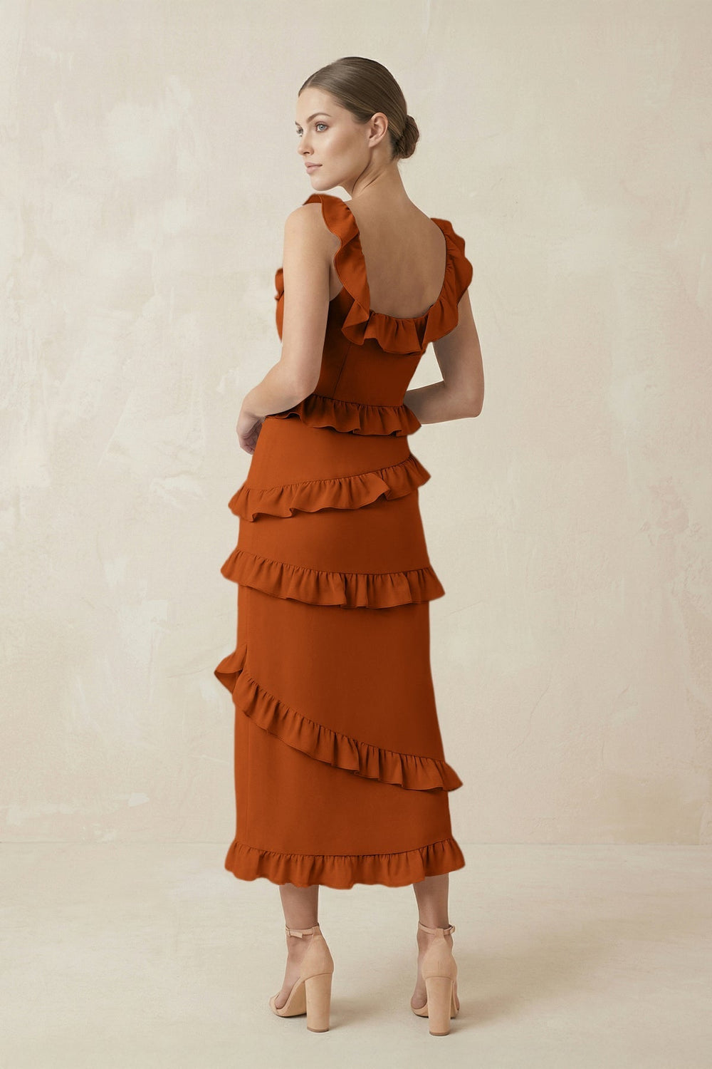 Square Neck Ruffled Sheath Satin Midi Bridesmaid Dress in Cinnamon
