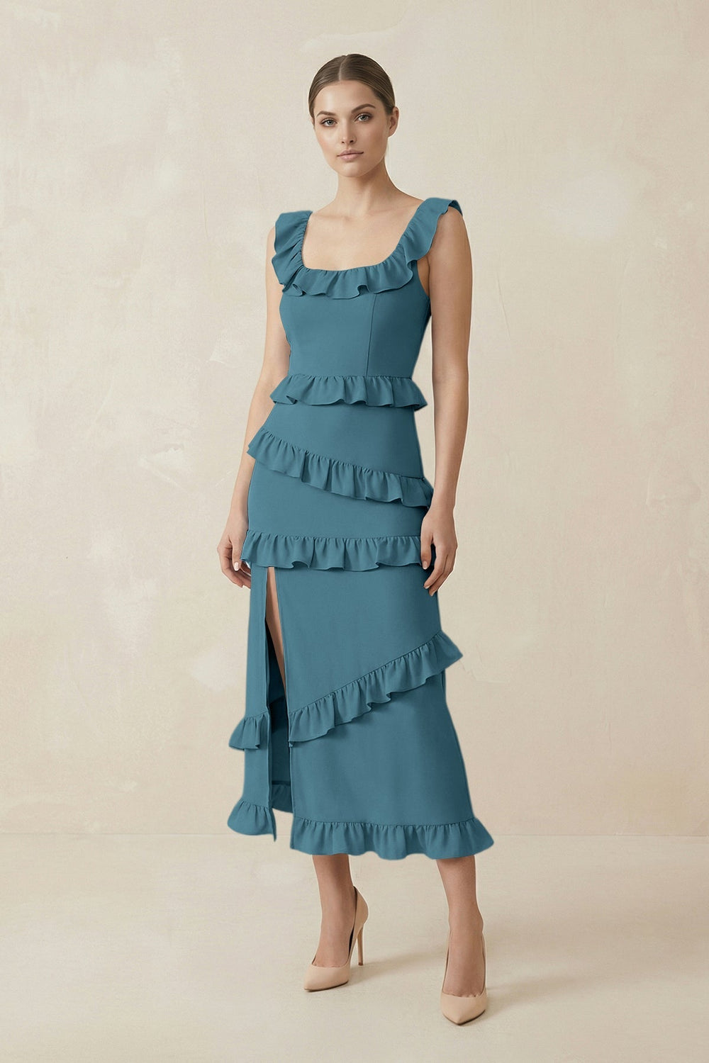 Square Neck Ruffled Sheath Satin Midi Bridesmaid Dress in Dark Teal