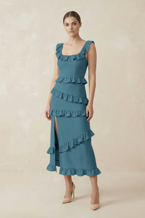 Square Neck Ruffled Sheath Satin Midi Bridesmaid Dress in Dark Teal - KISS BRIDAL Bridesmaid Dresses