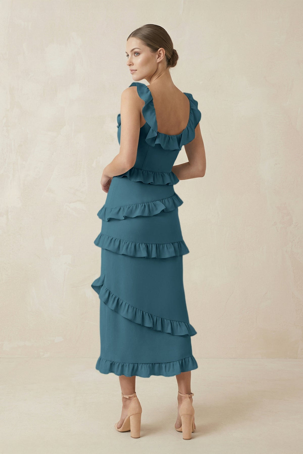 Square Neck Ruffled Sheath Satin Midi Bridesmaid Dress in Dark Teal