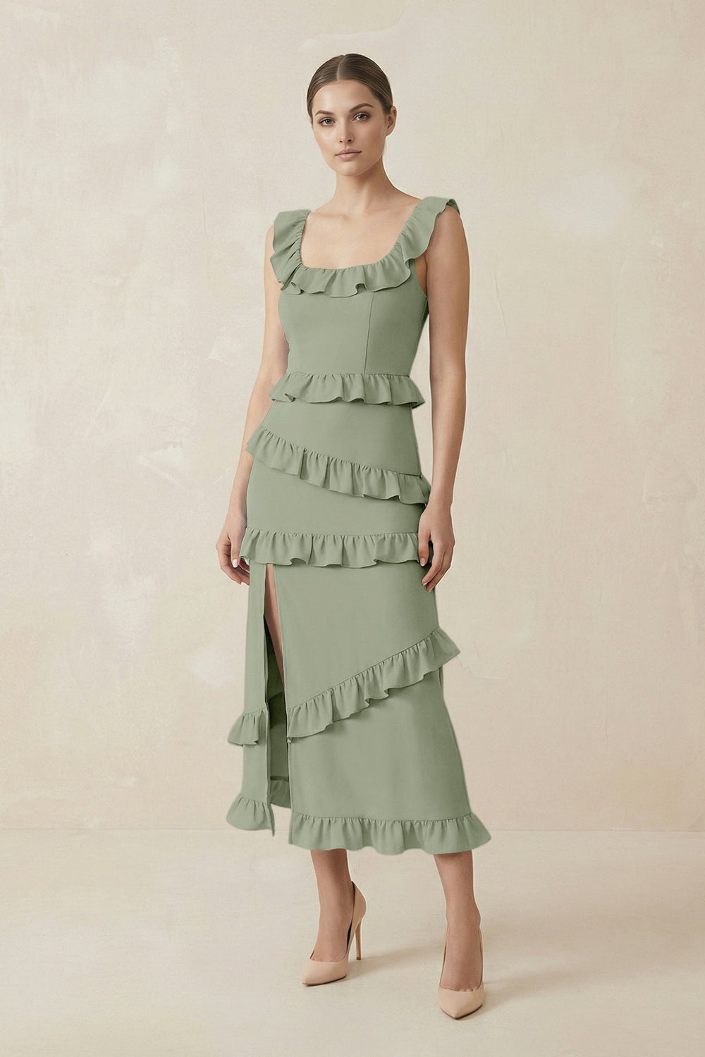 Square Neck Ruffled Sheath Satin Midi Bridesmaid Dress in Dove Gray