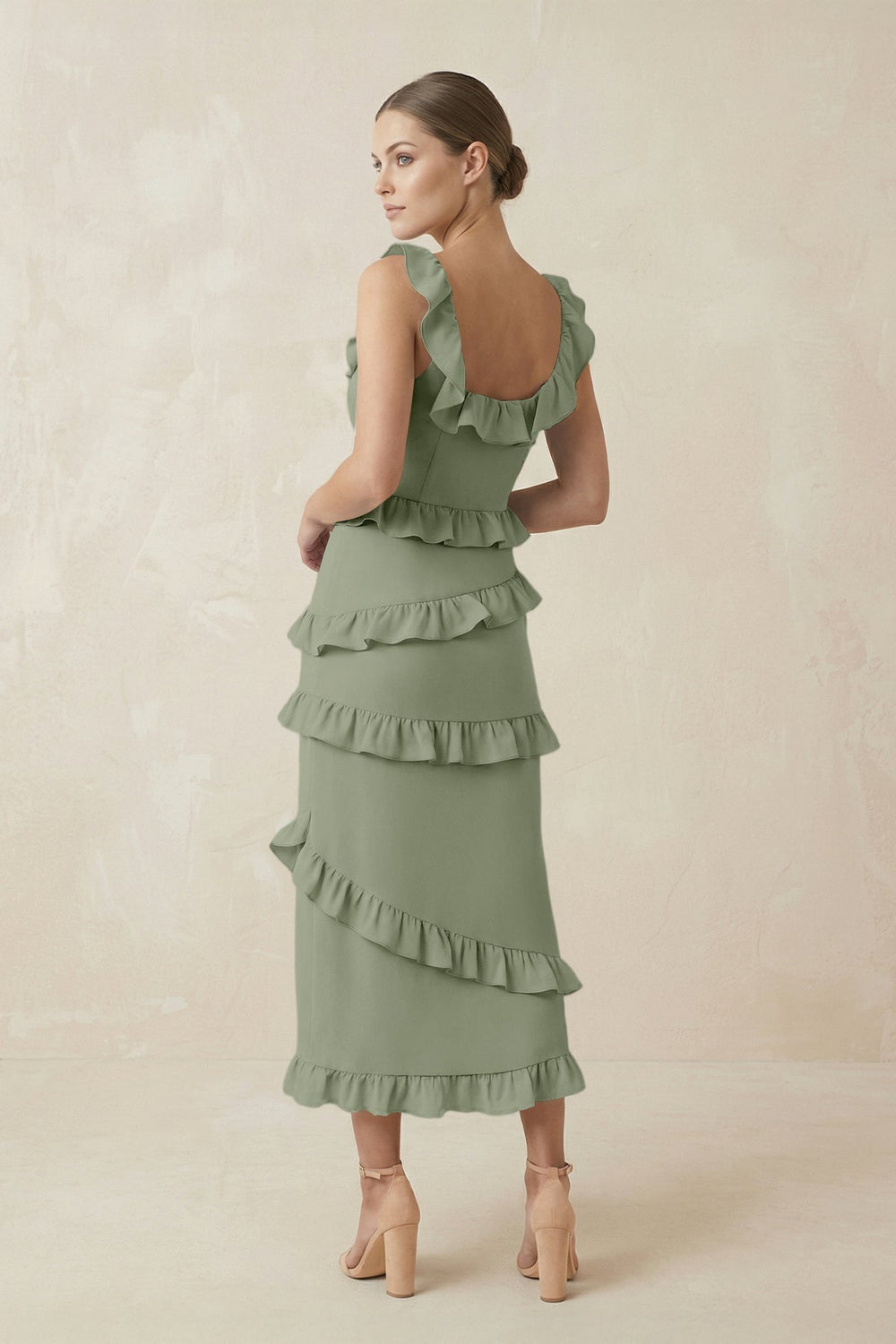 Square Neck Ruffled Sheath Satin Midi Bridesmaid Dress in Dove Gray