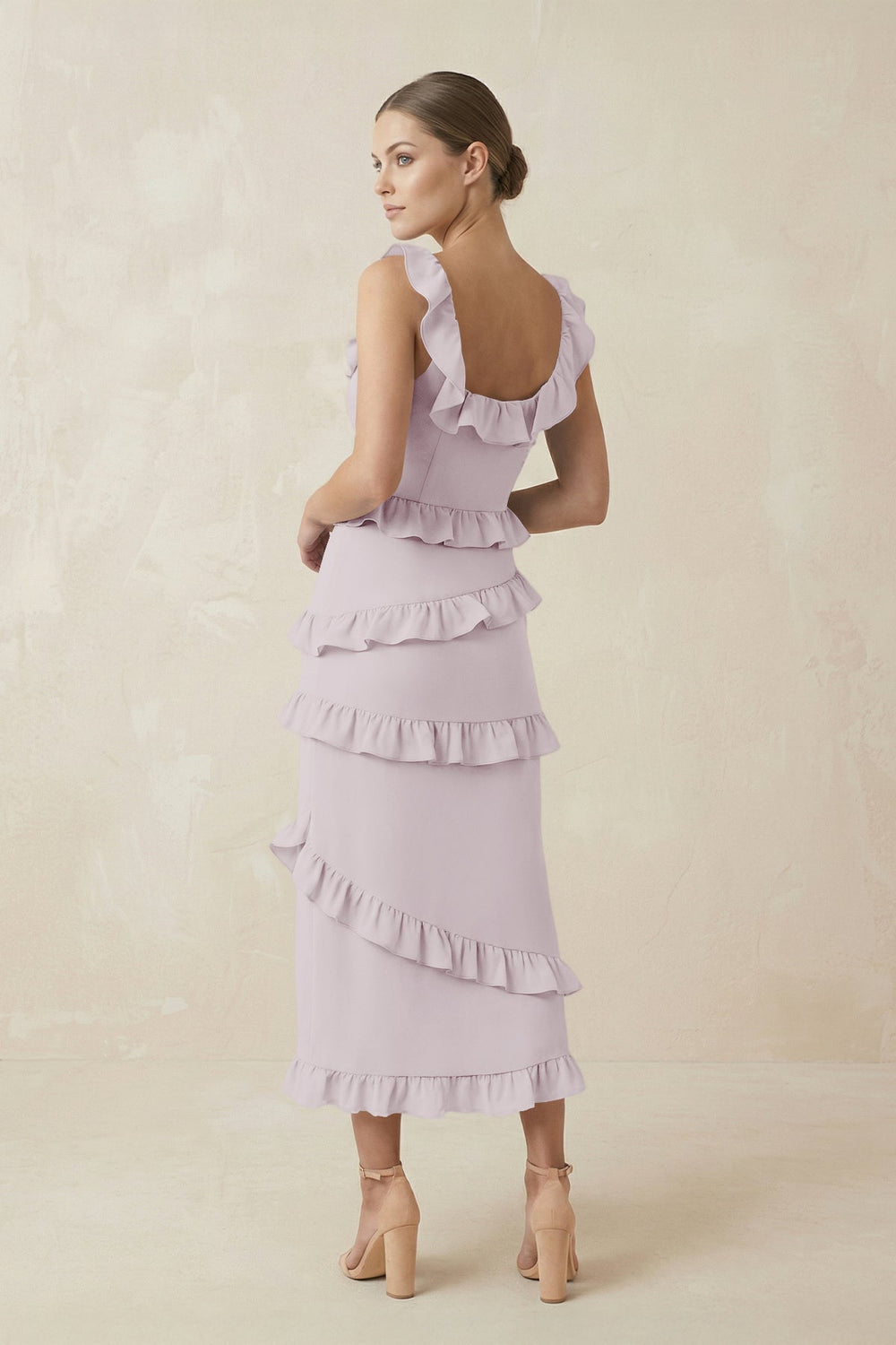 Square Neck Ruffled Sheath Satin Midi Bridesmaid Dress in Dusk