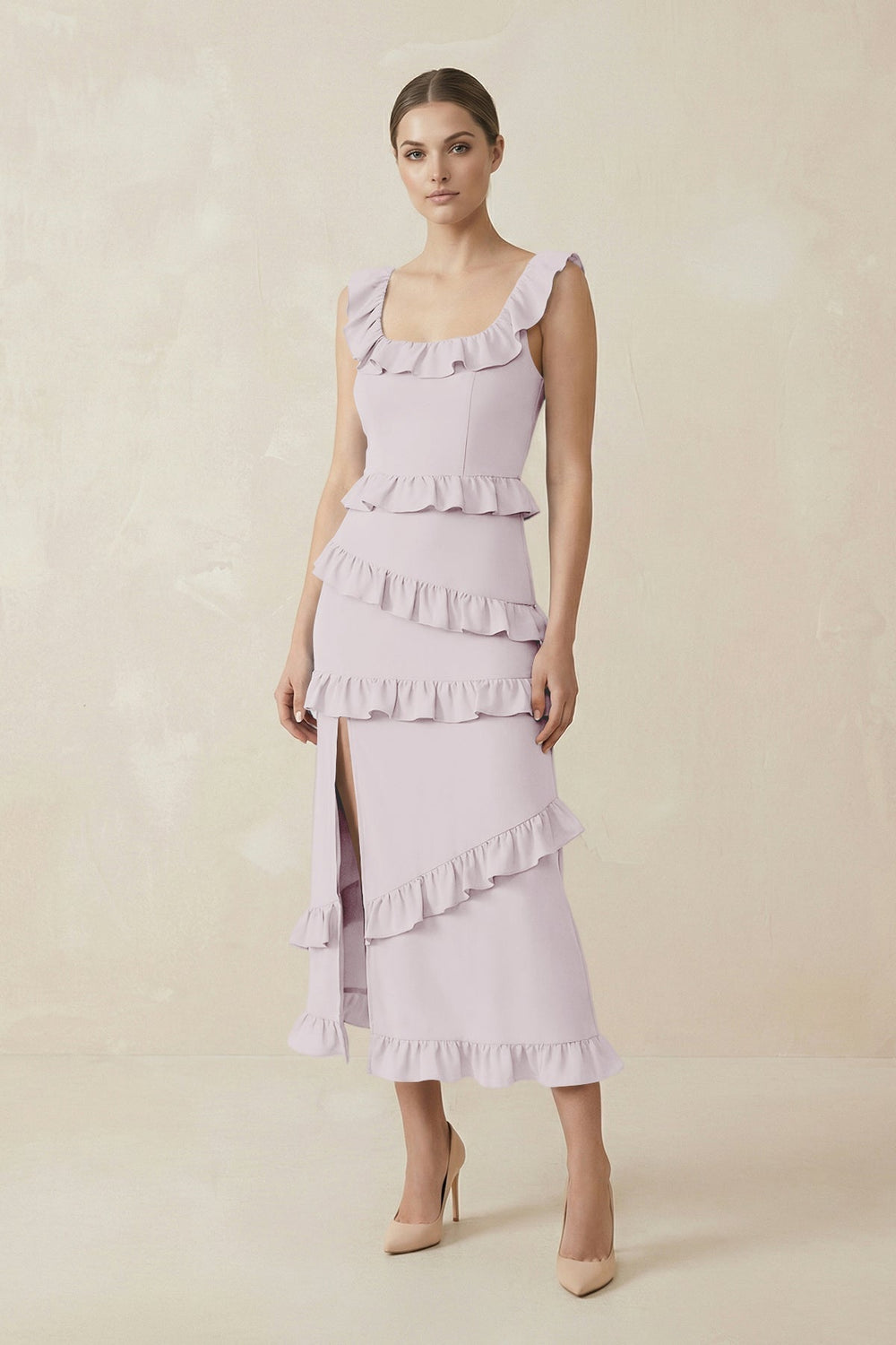 Square Neck Ruffled Sheath Satin Midi Bridesmaid Dress in Dusk