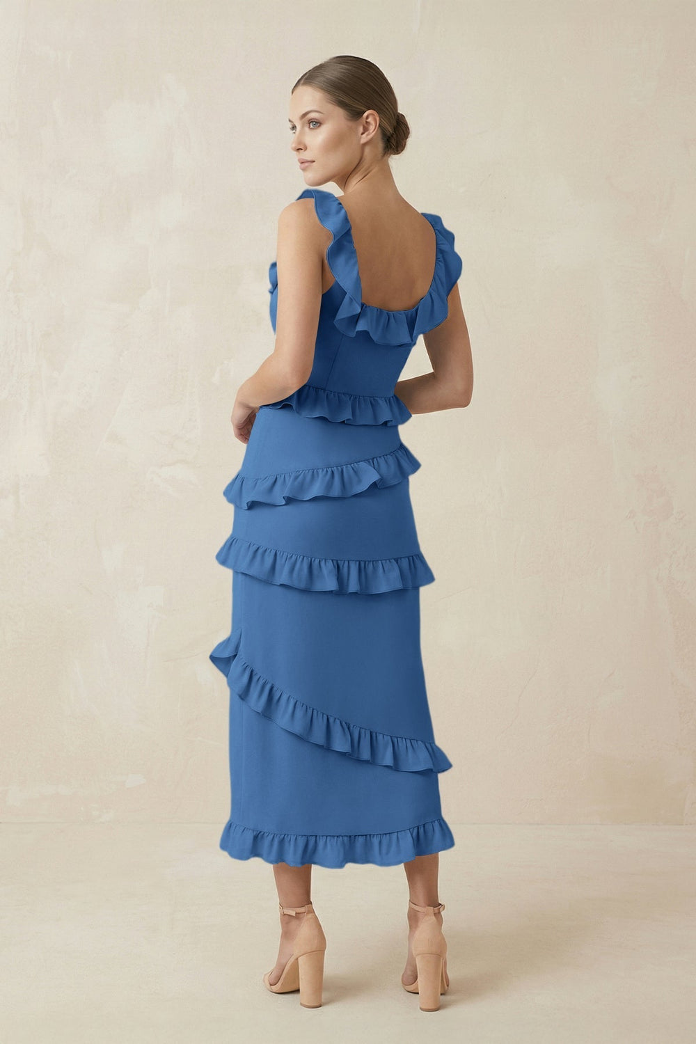 Square Neck Ruffled Sheath Satin Midi Bridesmaid Dress in Dusty Blue