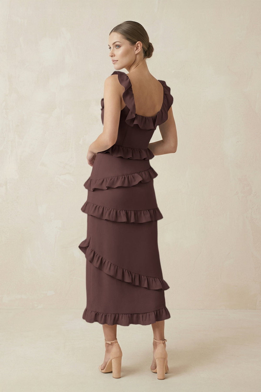 Square Neck Ruffled Sheath Satin Midi Bridesmaid Dress in Espresso