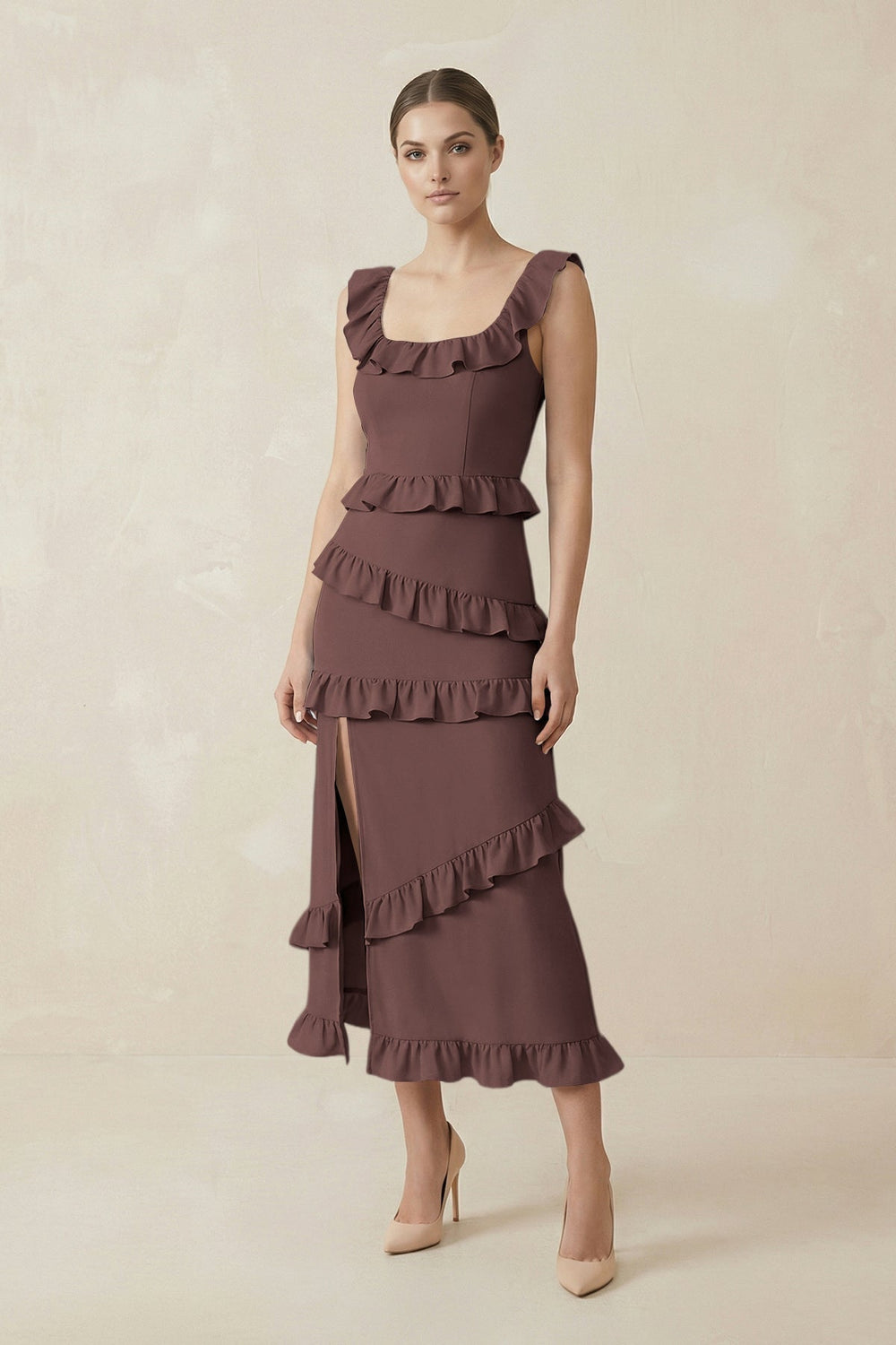 Square Neck Ruffled Sheath Satin Midi Bridesmaid Dress in Espresso