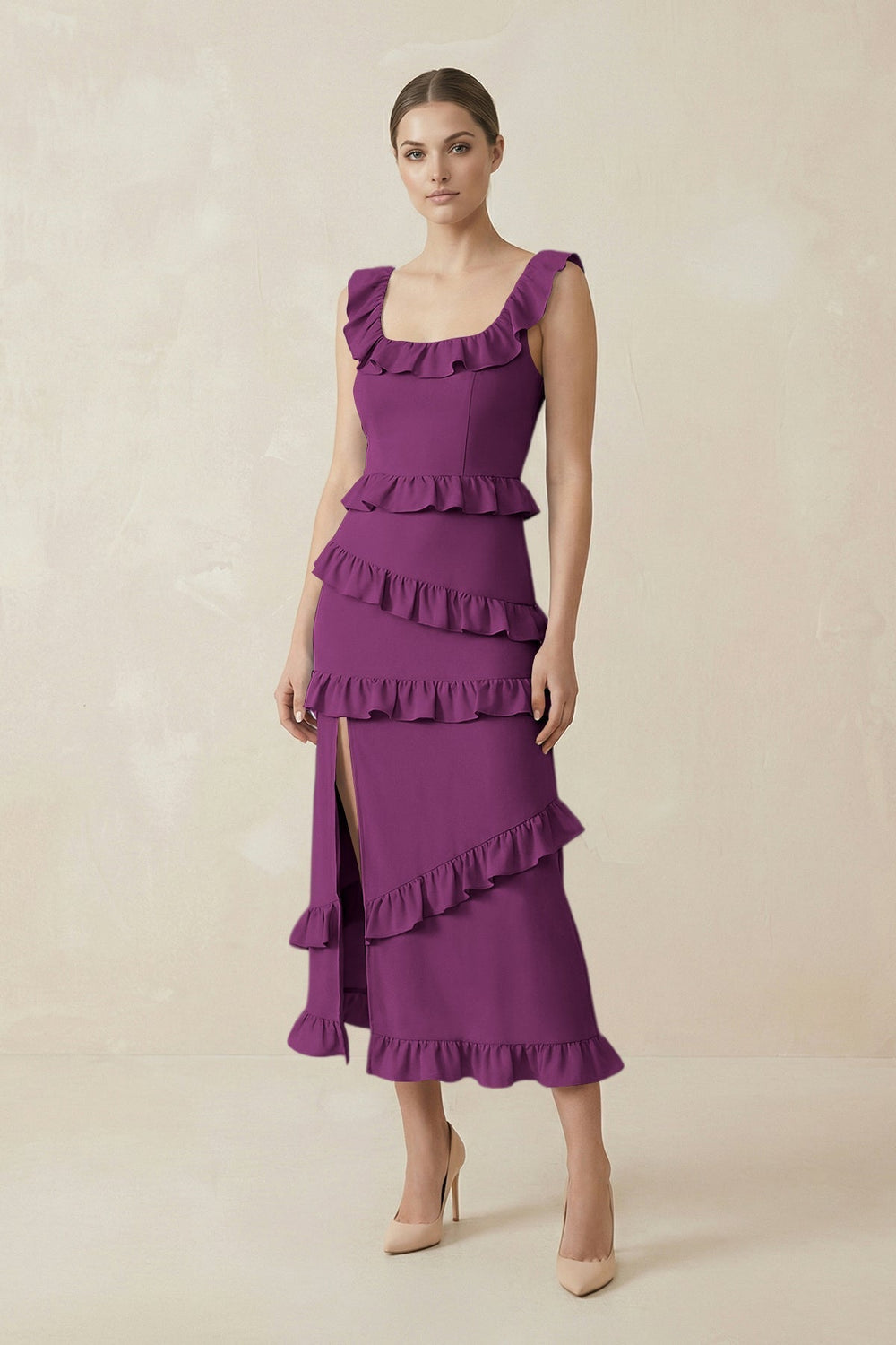 Square Neck Ruffled Sheath Satin Midi Bridesmaid Dress in Fig