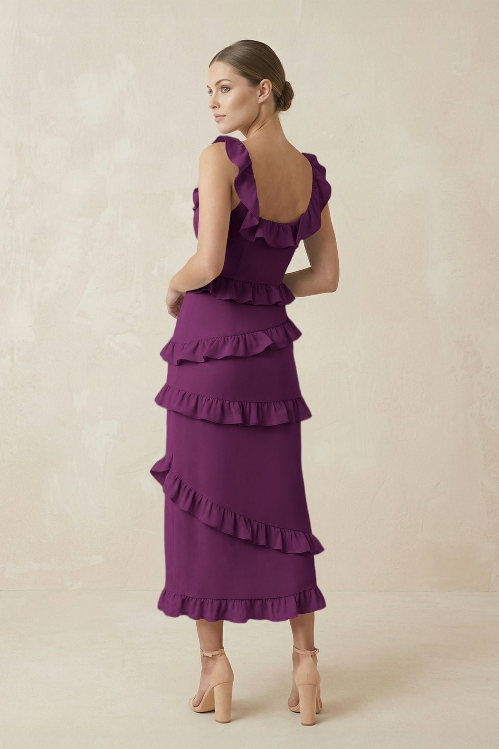 Square Neck Ruffled Sheath Satin Midi Bridesmaid Dress in Fig