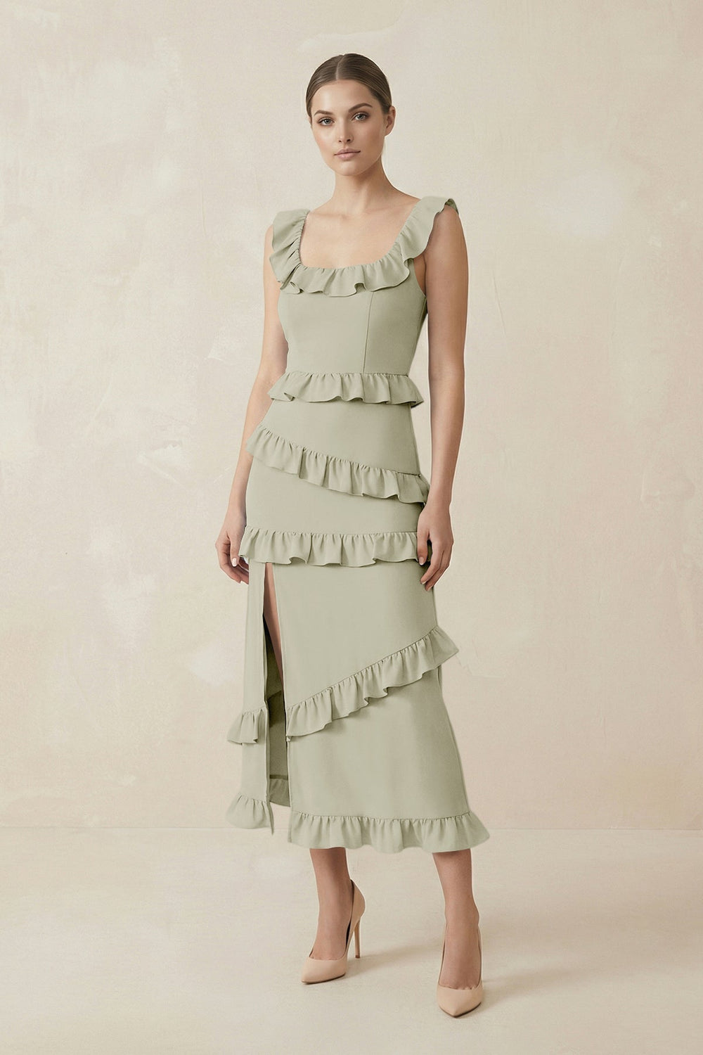 Square Neck Ruffled Sheath Satin Midi Bridesmaid Dress in Frost