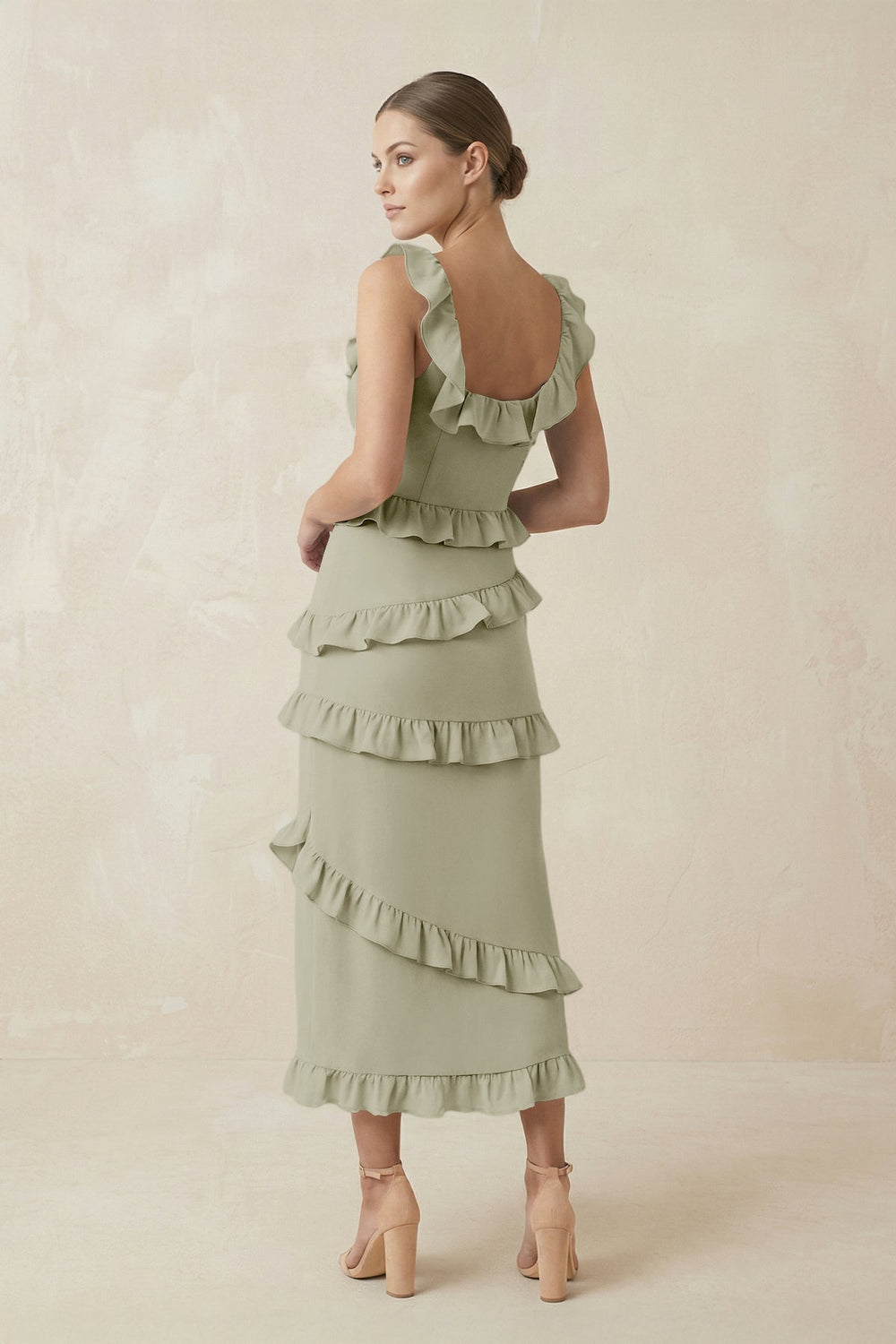 Square Neck Ruffled Sheath Satin Midi Bridesmaid Dress in Frost