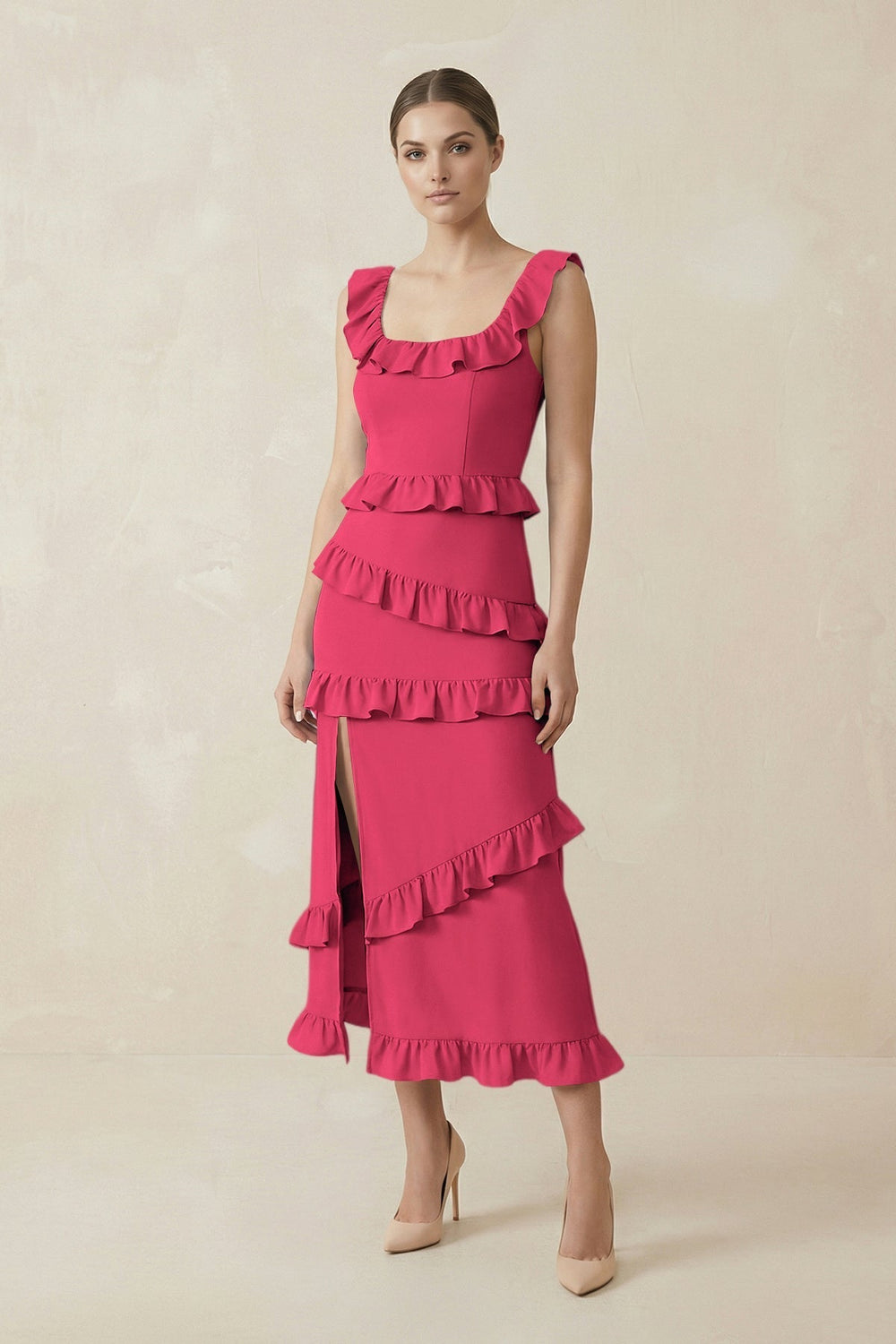 Square Neck Ruffled Sheath Satin Midi Bridesmaid Dress in Fuchsia