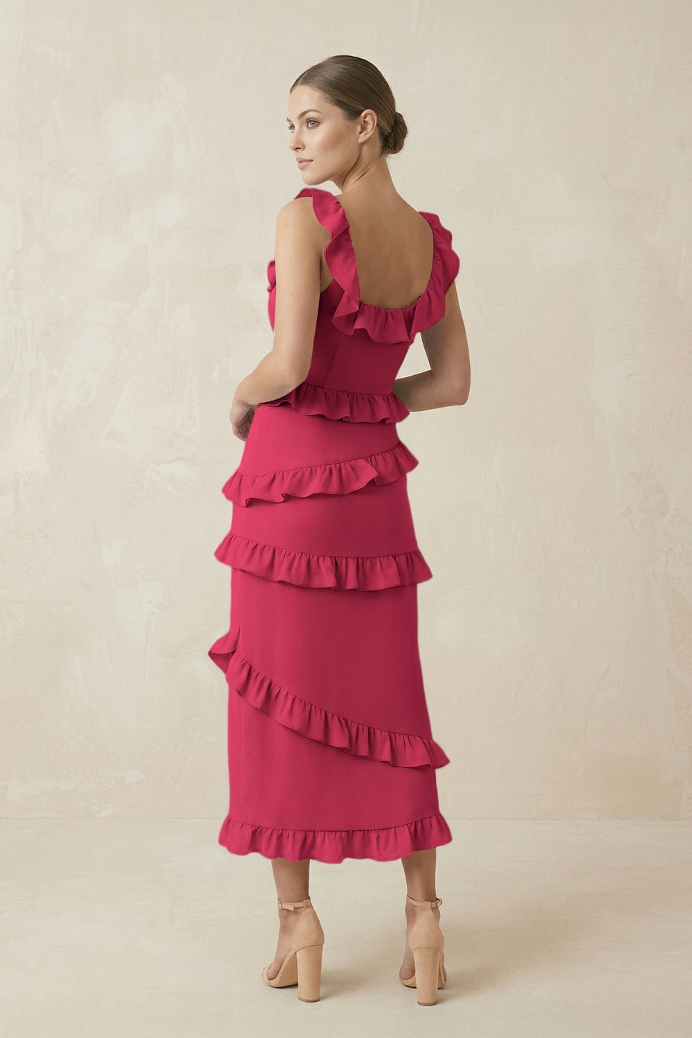 Square Neck Ruffled Sheath Satin Midi Bridesmaid Dress in Fuchsia