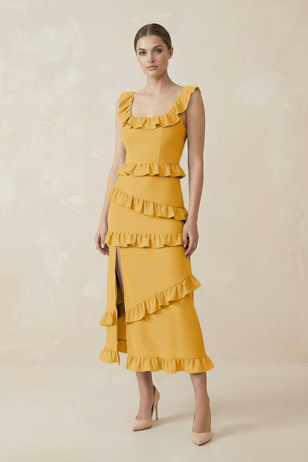 Square Neck Ruffled Sheath Satin Midi Bridesmaid Dress in Gold