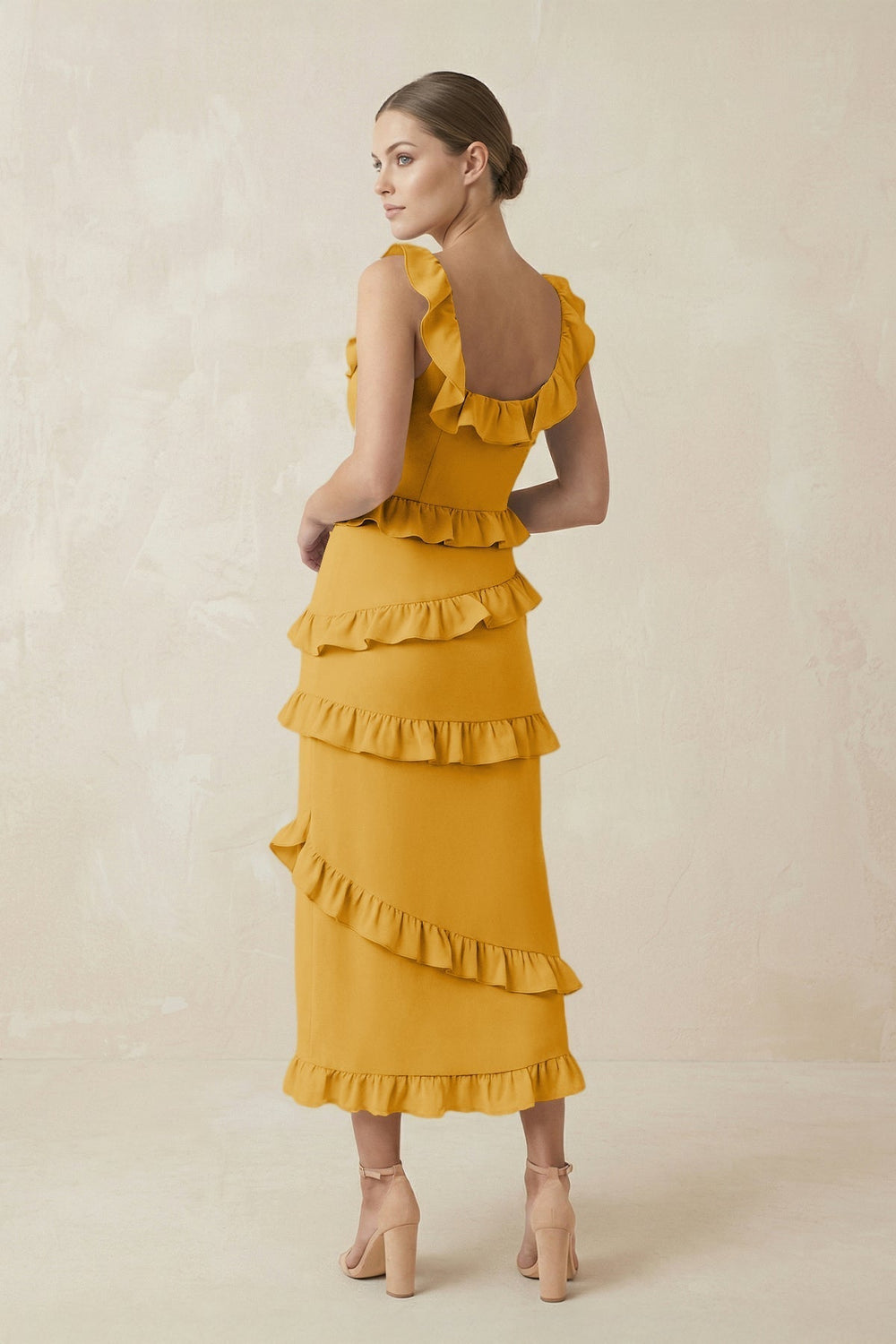 Square Neck Ruffled Sheath Satin Midi Bridesmaid Dress in Gold