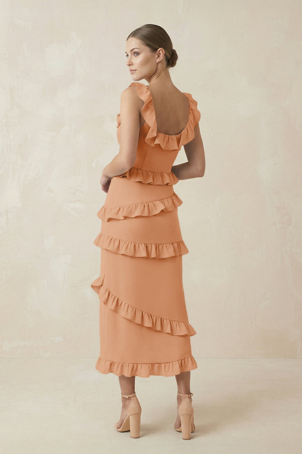 Square Neck Ruffled Sheath Satin Midi Bridesmaid Dress in Golden Champagne