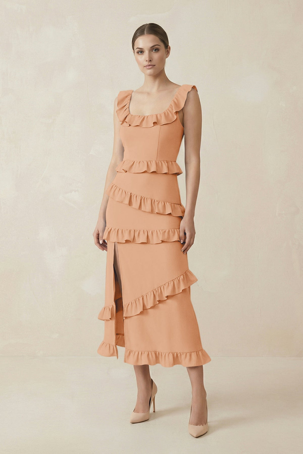 Square Neck Ruffled Sheath Satin Midi Bridesmaid Dress in Golden Champagne