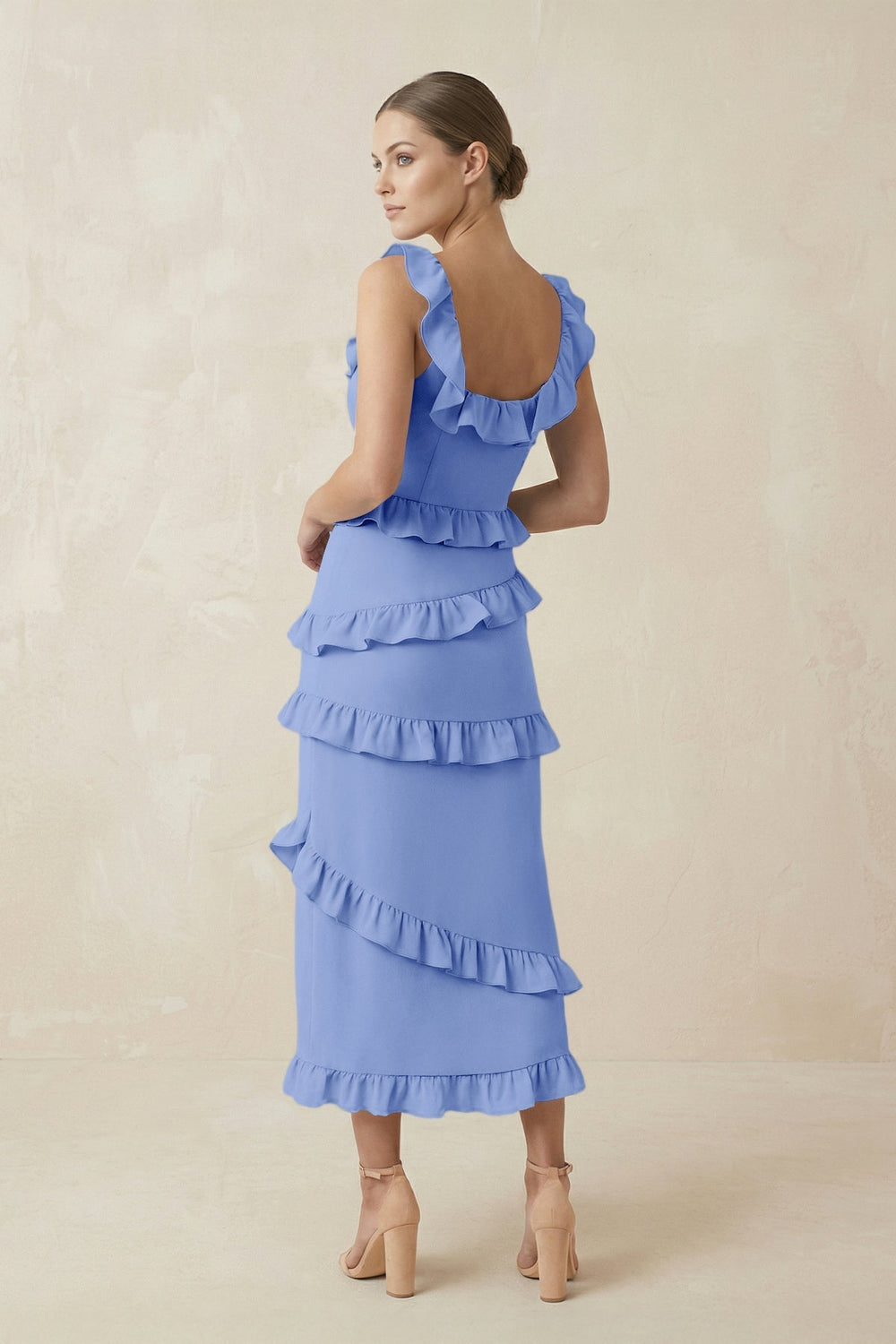 Square Neck Ruffled Sheath Satin Midi Bridesmaid Dress in Ice