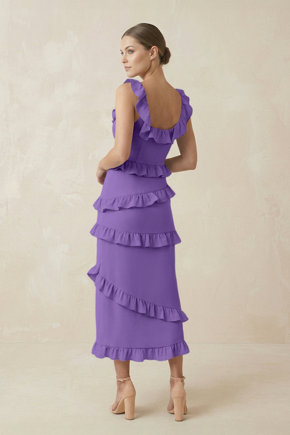 Square Neck Ruffled Sheath Satin Midi Bridesmaid Dress in Lilac