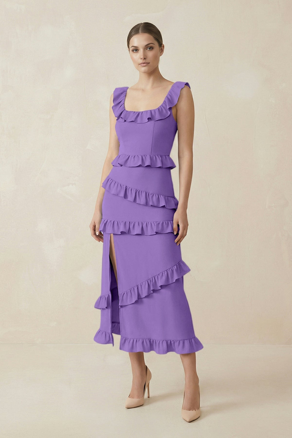 Square Neck Ruffled Sheath Satin Midi Bridesmaid Dress in Lilac