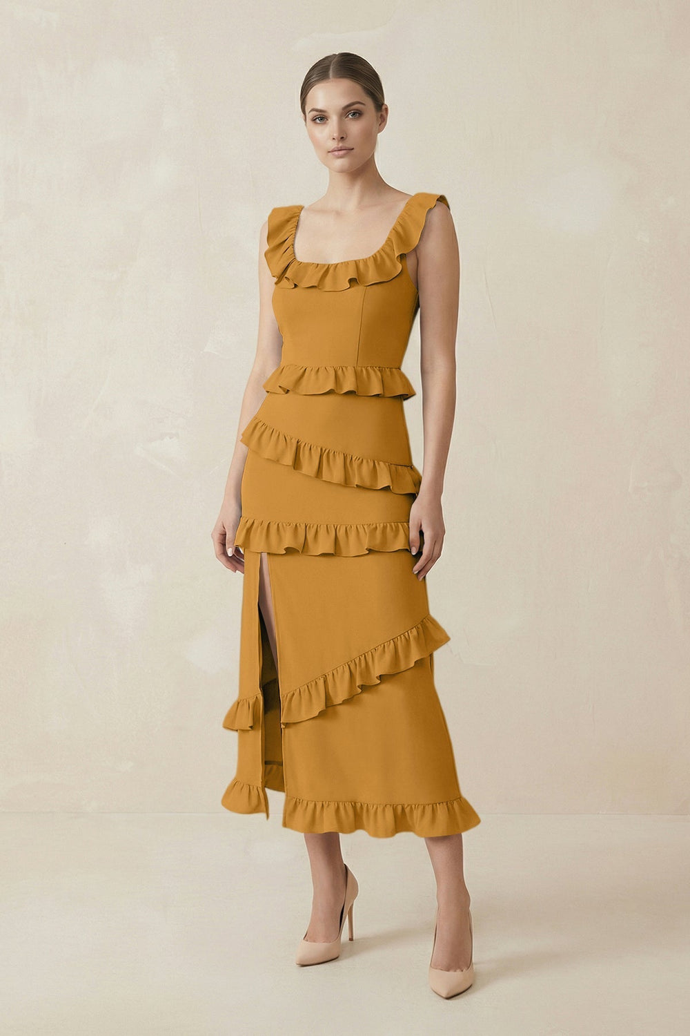 Square Neck Ruffled Sheath Satin Midi Bridesmaid Dress in Marigold