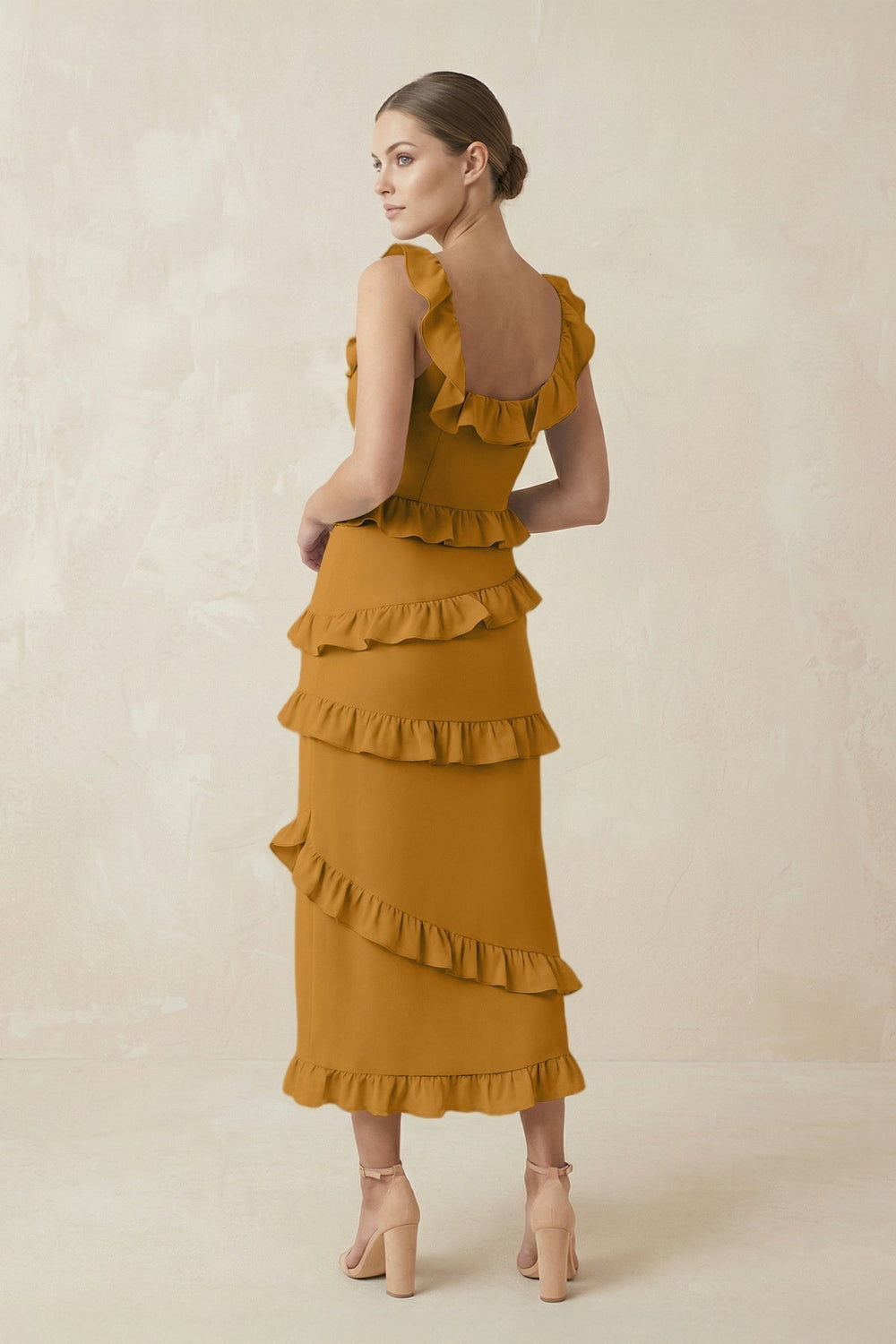 Square Neck Ruffled Sheath Satin Midi Bridesmaid Dress in Marigold