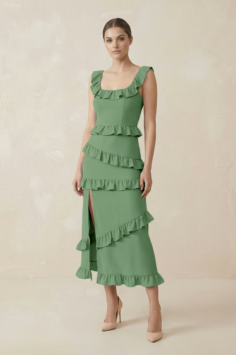 Square Neck Ruffled Sheath Satin Midi Bridesmaid Dress in Matcha