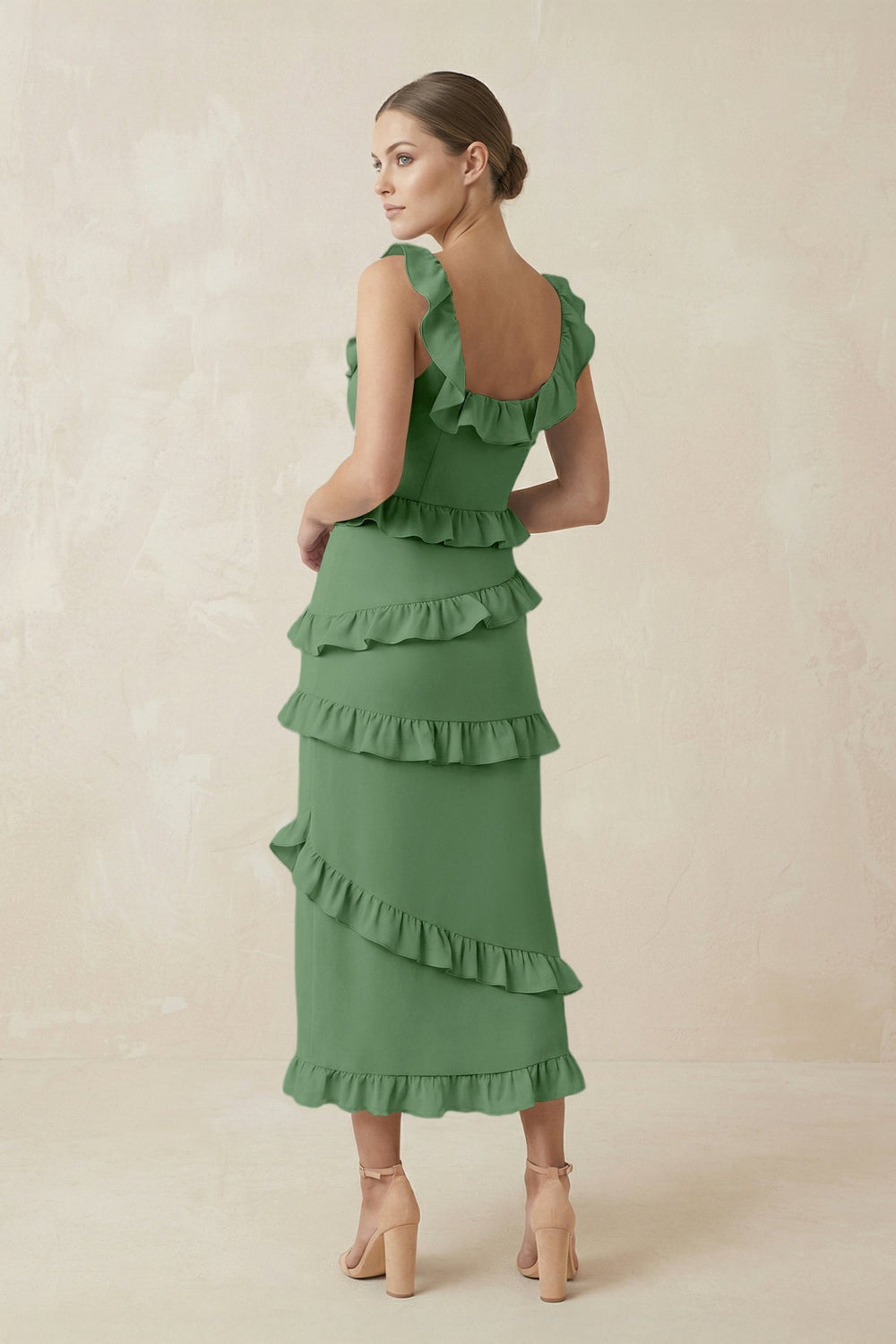 Square Neck Ruffled Sheath Satin Midi Bridesmaid Dress in Matcha