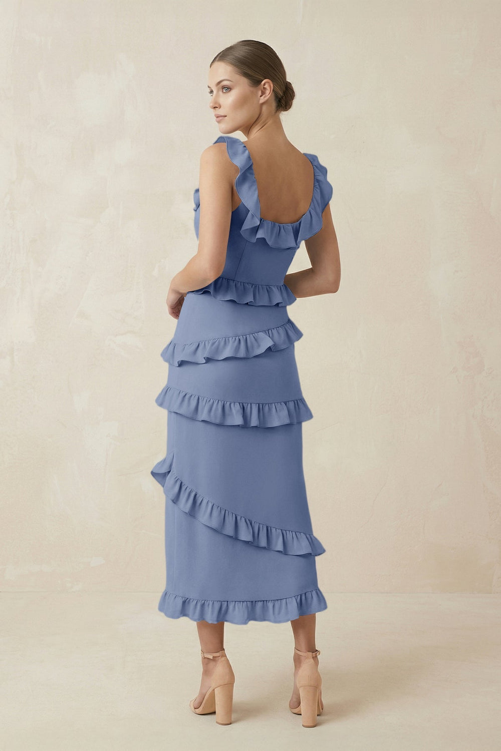 Square Neck Ruffled Sheath Satin Midi Bridesmaid Dress in Mist