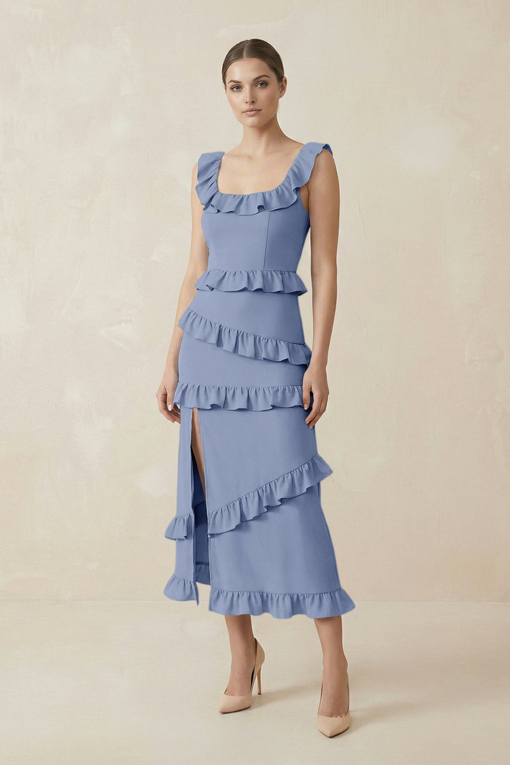 Square Neck Ruffled Sheath Satin Midi Bridesmaid Dress in Mist
