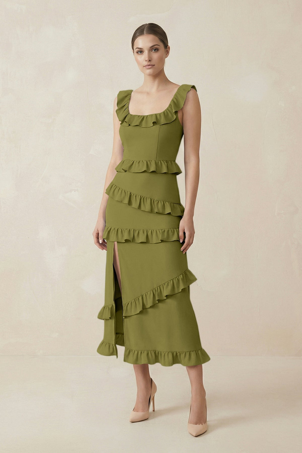 Square Neck Ruffled Sheath Satin Midi Bridesmaid Dress in Moss Green