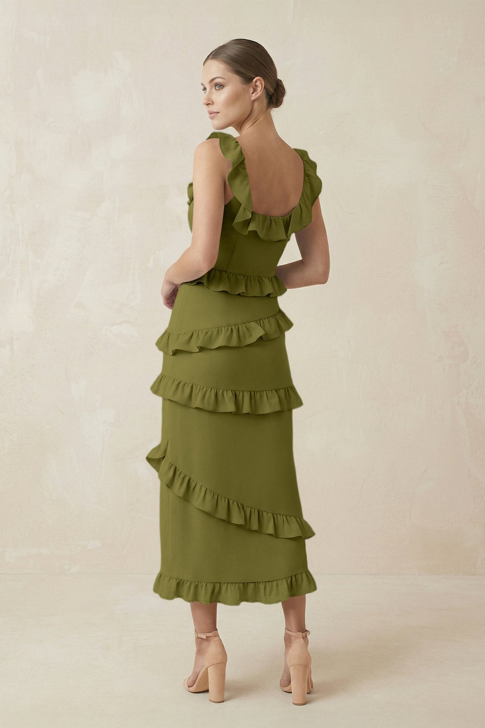 Square Neck Ruffled Sheath Satin Midi Bridesmaid Dress in Moss Green