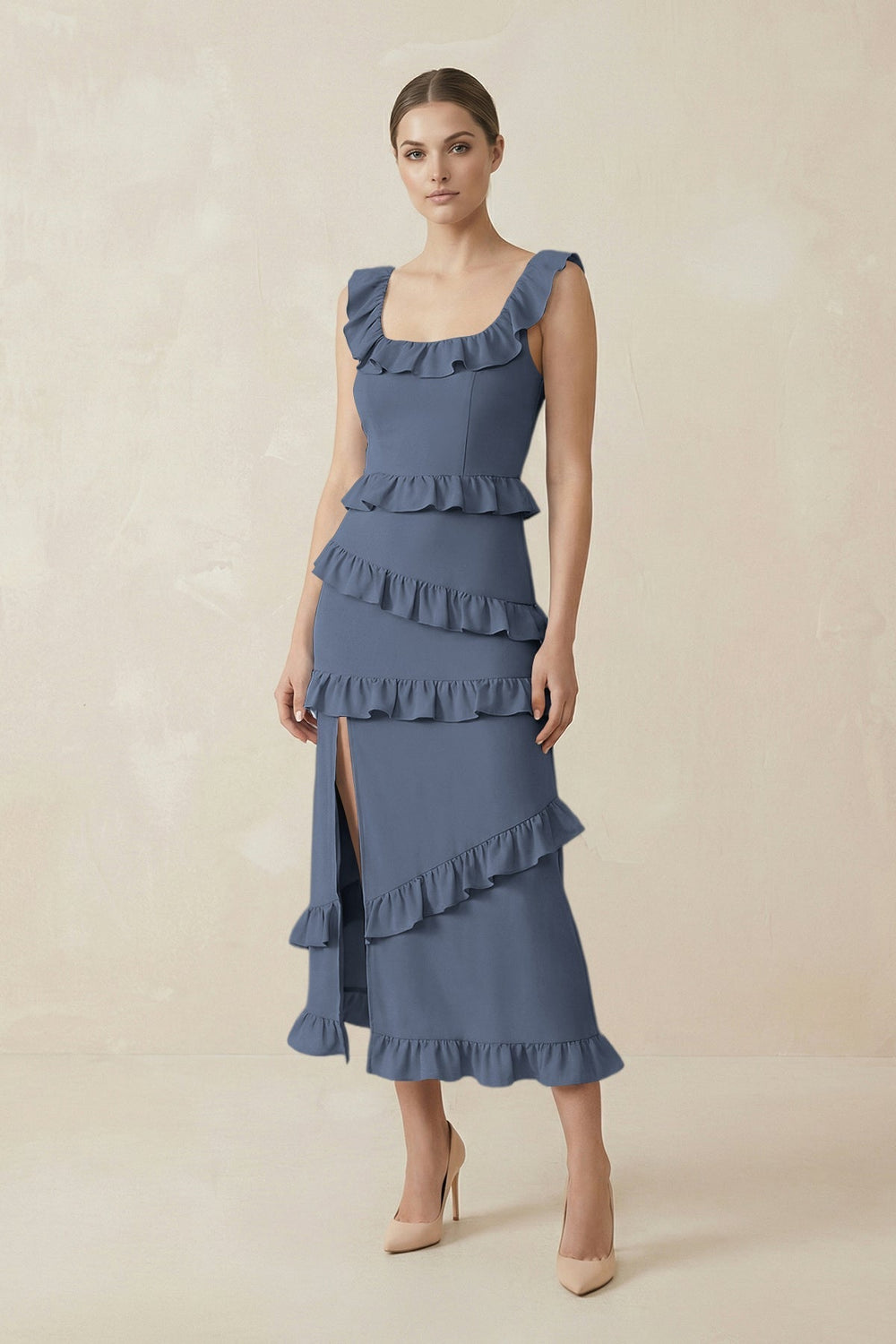 Square Neck Ruffled Sheath Satin Midi Bridesmaid Dress in Neptune