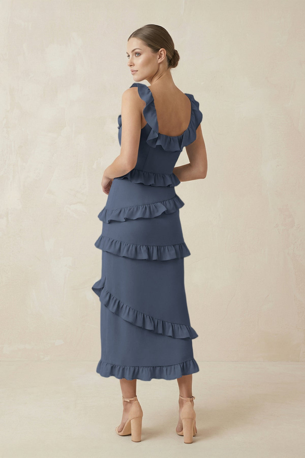 Square Neck Ruffled Sheath Satin Midi Bridesmaid Dress in Neptune