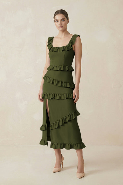 Square Neck Ruffled Sheath Satin Midi Bridesmaid Dress in Olive - KISS BRIDAL Bridesmaid Dresses