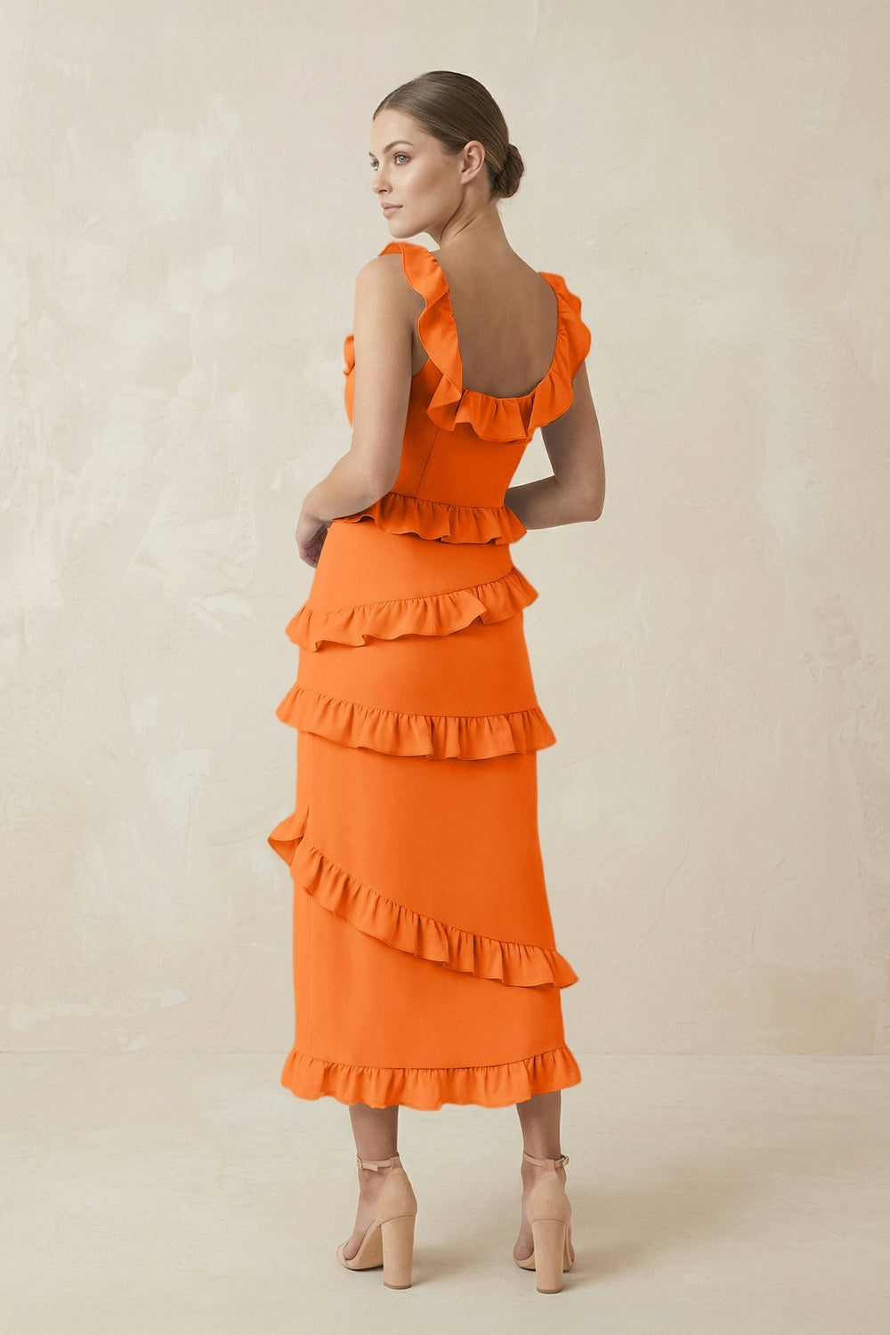 Square Neck Ruffled Sheath Satin Midi Bridesmaid Dress in Orange