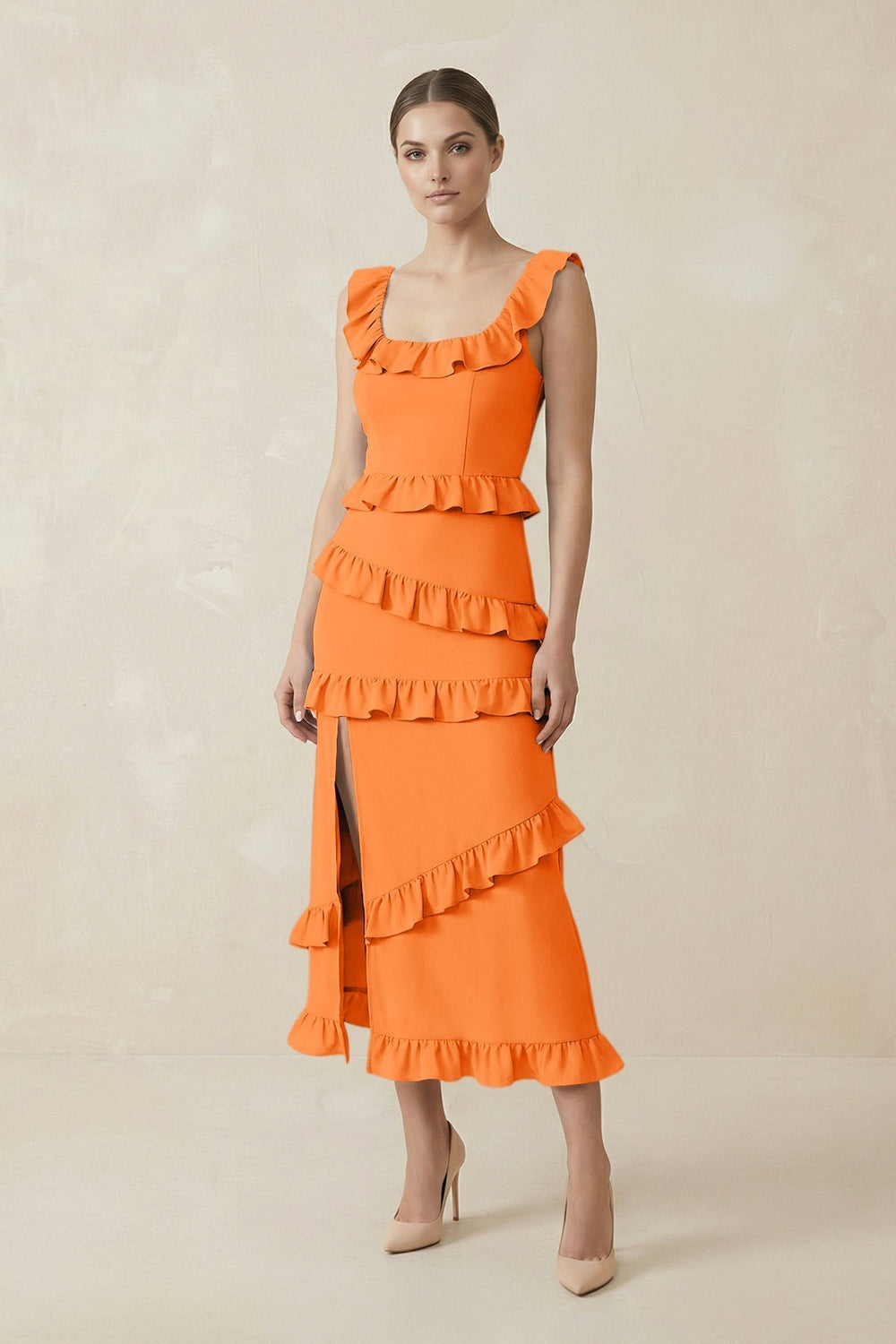 Square Neck Ruffled Sheath Satin Midi Bridesmaid Dress in Orange