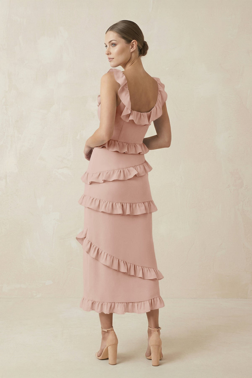 Square Neck Ruffled Sheath Satin Midi Bridesmaid Dress in Pale Blush