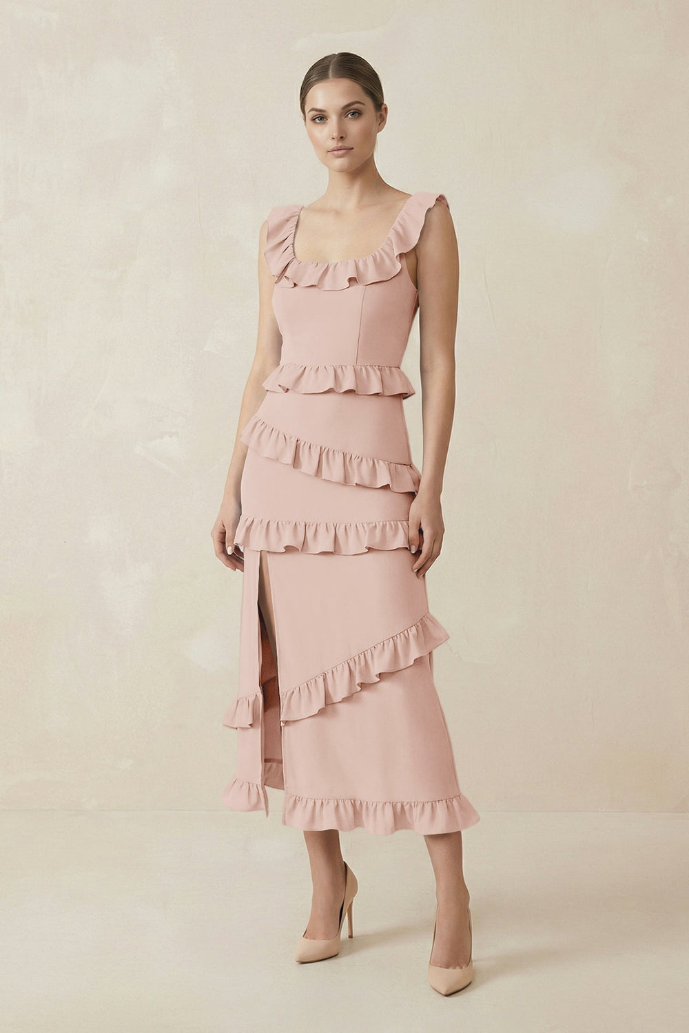 Square Neck Ruffled Sheath Satin Midi Bridesmaid Dress in Pale Blush