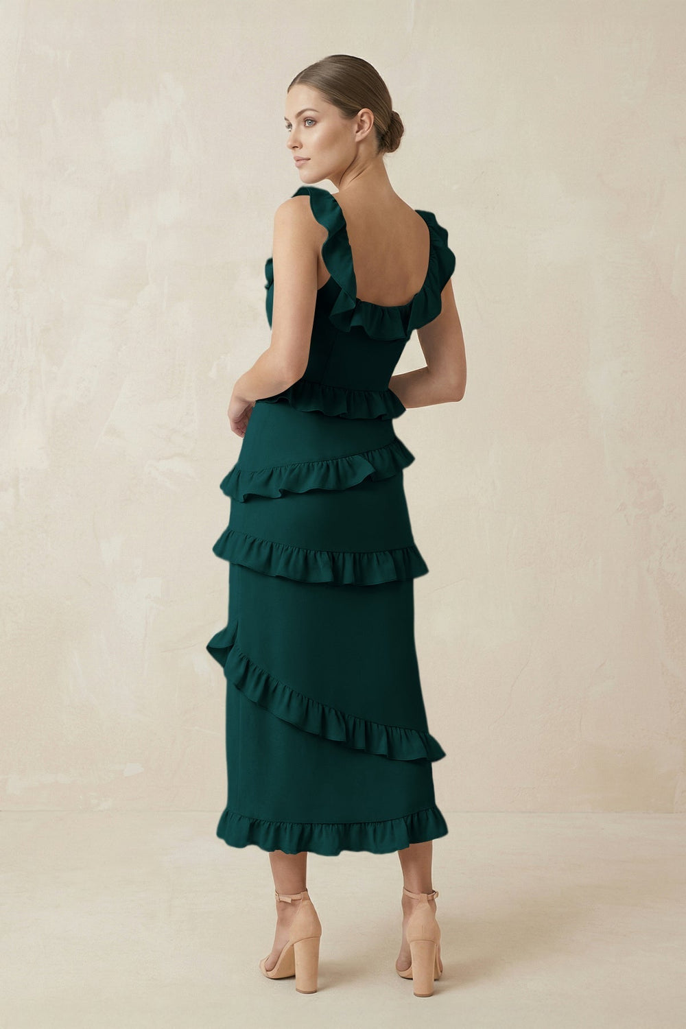 Square Neck Ruffled Sheath Satin Midi Bridesmaid Dress in Pine
