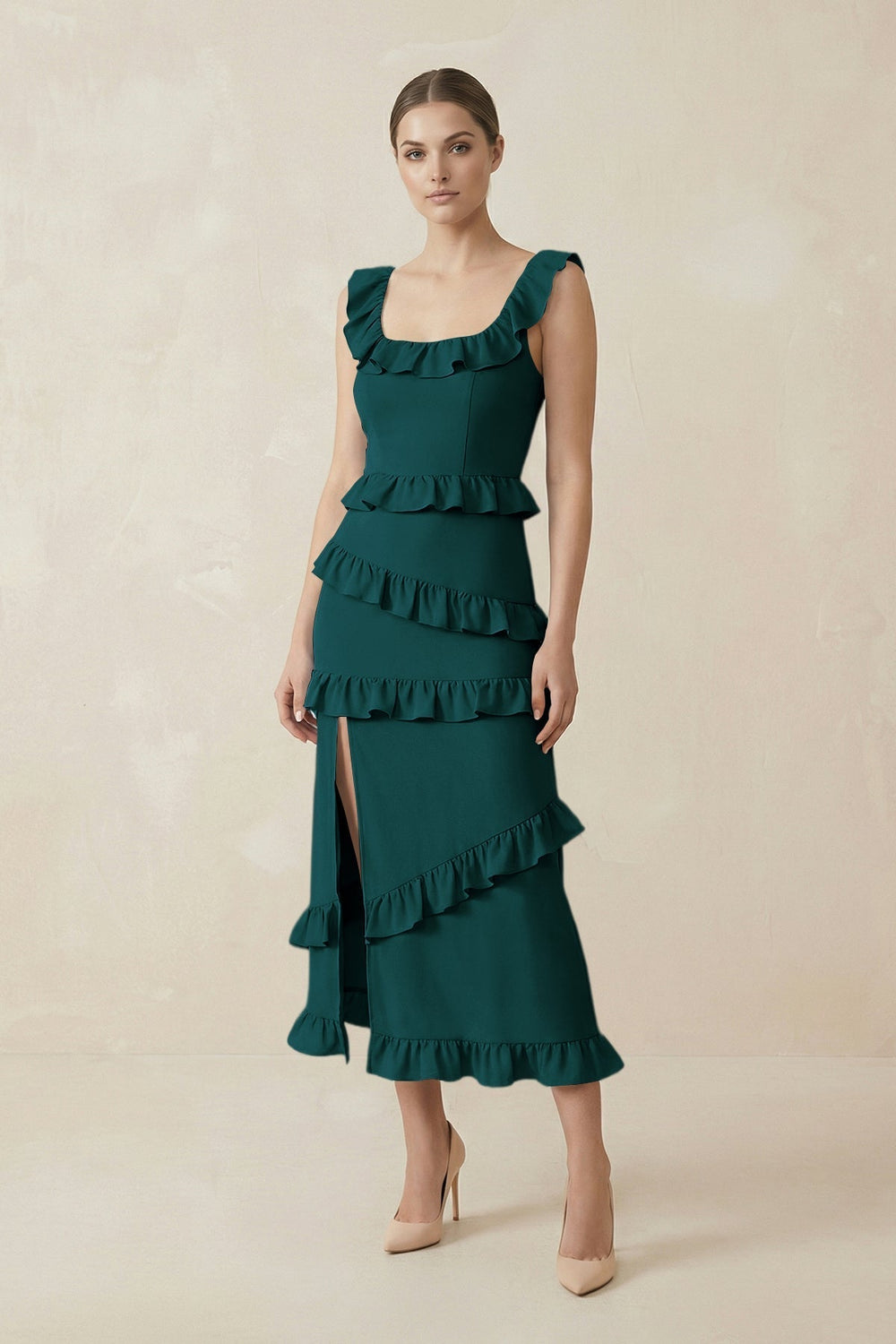 Square Neck Ruffled Sheath Satin Midi Bridesmaid Dress in Pine